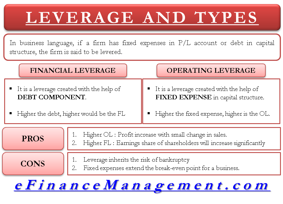  A concept map of different types of leverage in business, namely financial leverage and operating leverage, with pros and cons of each type.